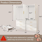 White Armoire Wardrobe Closet: 75" Large Wardrobe Closet with 6 Drawers, Bedroom Armoires with 4 Doors, Wooden Tall Closets Cabinet for Hanging Clothes (63")