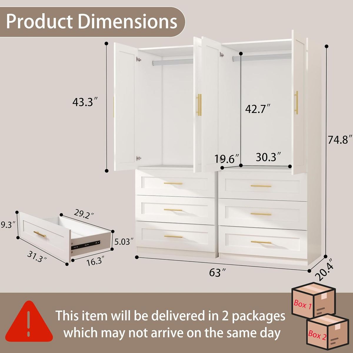 White Armoire Wardrobe Closet: 75" Large Wardrobe Closet with 6 Drawers, Bedroom Armoires with 4 Doors, Wooden Tall Closets Cabinet for Hanging Clothes (63")