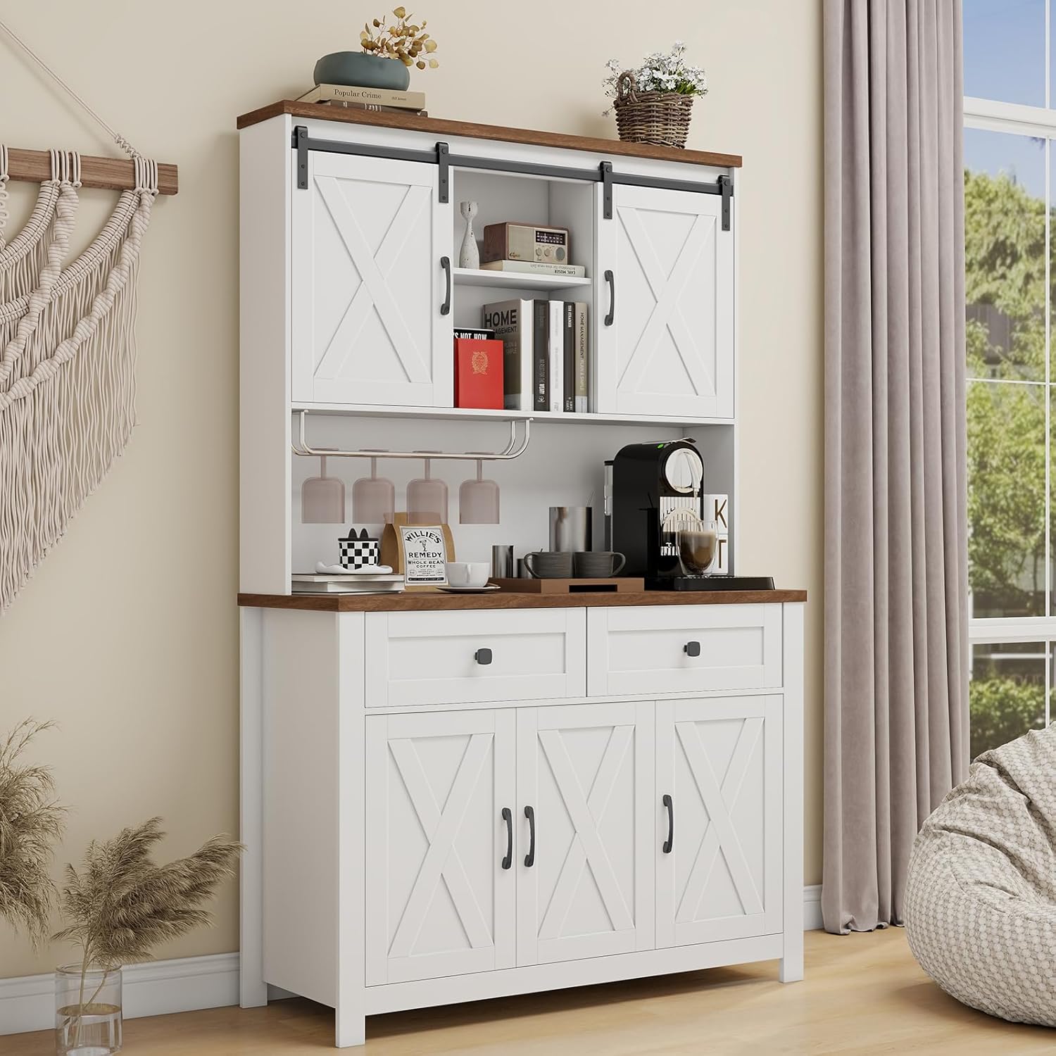 Vabches 67.7 Inch Farmhouse Pantry Storage Cabinet with Sliding Barn Doors, 2 Drawer Farmhouse Coffee Cabinet with Adjustable Shelf, Side Board with Buffet Cupboard for Kitchen, Livingroom, White