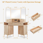 T4TREAM 48" Corner Makeup Vanity with Lighted Triple Mirror, Natural Oak | Modern, Fluted Vanity, Glass Top, 3 Drawers, 2 Cabinets, Organized Bedroom Storage