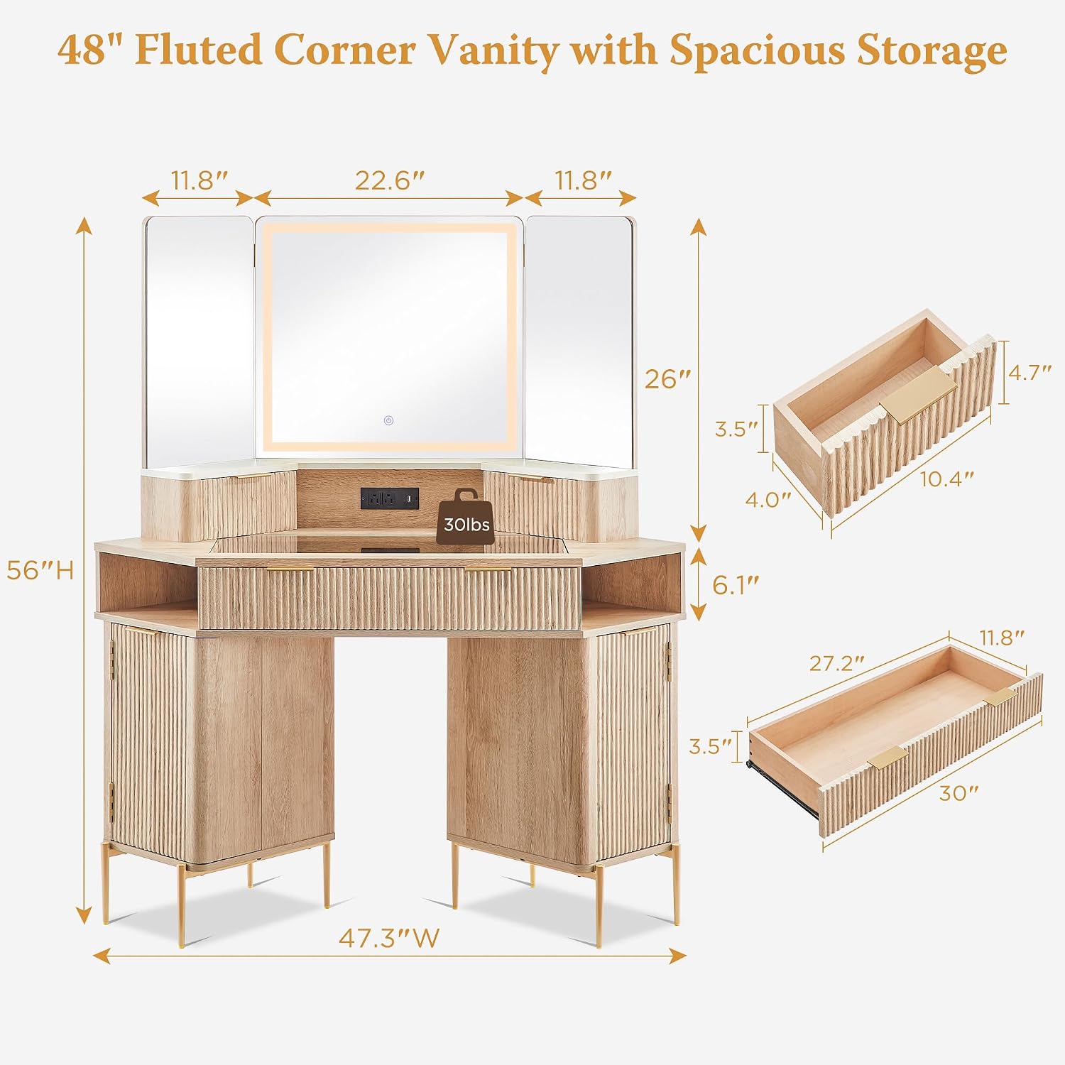 T4TREAM 48" Corner Makeup Vanity with Lighted Triple Mirror, Natural Oak | Modern, Fluted Vanity, Glass Top, 3 Drawers, 2 Cabinets, Organized Bedroom Storage