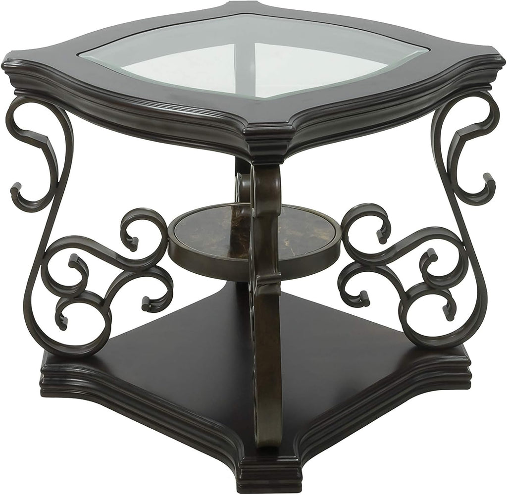 End Table with Glass Table Top, Cocktail Table with MDF and Marble Paper Middle Shelf, Sofa Table with Metal Legs for Living Room (Brown, 26.3" L*26.3" W*24" H)