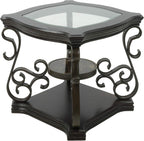 End Table with Glass Table Top, Cocktail Table with MDF and Marble Paper Middle Shelf, Sofa Table with Metal Legs for Living Room (Brown, 26.3" L*26.3" W*24" H)