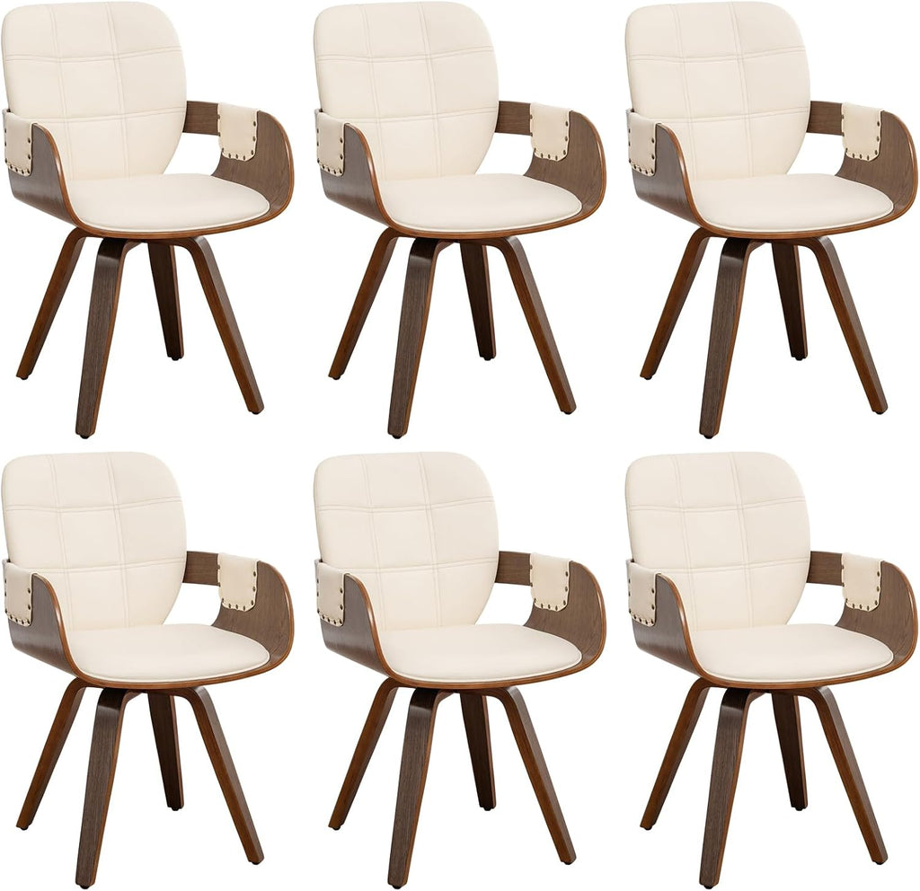Dining Chairs Set of 6, 360° Swivel Faux Leather Dining Room & Kitchen Chairs with Arms, Ergonomic Curved Back, 19.7" Seat Height, Bentwood Solid Wood Frame, Walnut Finish, Mid-Century Modern, Beige