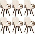 Dining Chairs Set of 6, 360° Swivel Faux Leather Dining Room & Kitchen Chairs with Arms, Ergonomic Curved Back, 19.7" Seat Height, Bentwood Solid Wood Frame, Walnut Finish, Mid-Century Modern, Beige