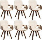 Dining Chairs Set of 6, 360° Swivel Faux Leather Dining Room & Kitchen Chairs with Arms, Ergonomic Curved Back, 19.7" Seat Height, Bentwood Solid Wood Frame, Walnut Finish, Mid-Century Modern, Beige