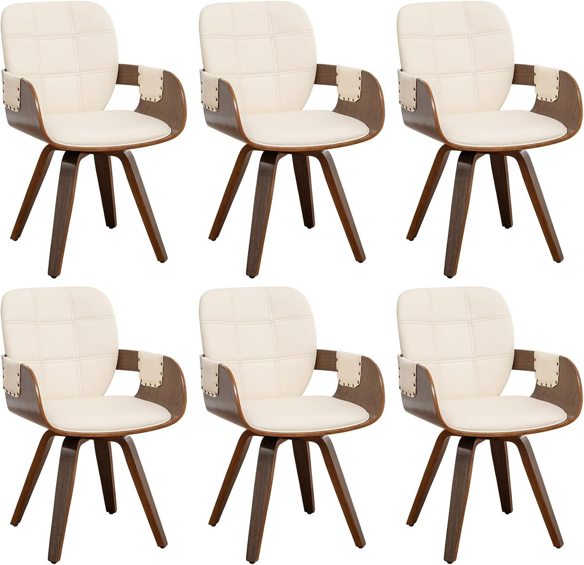 Dining Chairs Set of 6, 360° Swivel Faux Leather Dining Room & Kitchen Chairs with Arms, Ergonomic Curved Back, 19.7" Seat Height, Bentwood Solid Wood Frame, Walnut Finish, Mid-Century Modern, Beige