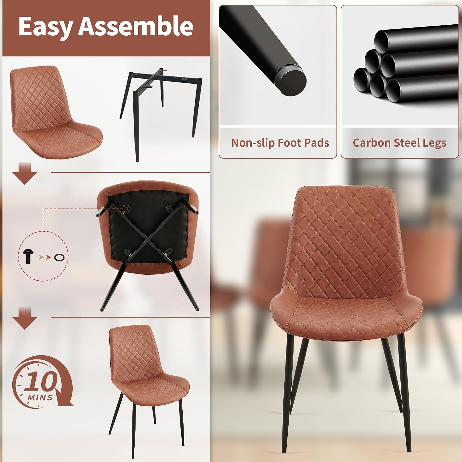 PU Leather Dining Chairs Set of 6, Modern Armless Dining Room Chairs, Comfy Upholstered Kitchen Chairs with Backrest, Black Metal Legs for Living Room, Dinning Room, Brown
