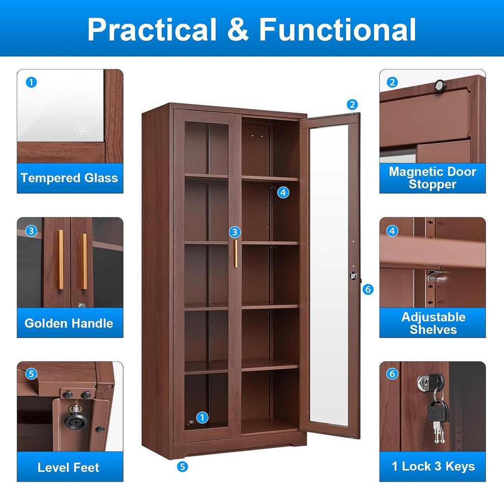Polup Glass Display Cabinet, Display Case with Glass Doors and Shelves, Metal Curio Cabinets with Locking, 71" Tall Bookcase with Glass Doors for Home, School, Clinic (Wood Color)- Assemble Required