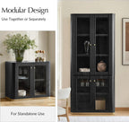 HULALA HOME Modular Display Storage Cabinet, 79.5" Tall Fluted Bookcase with Glass Doors, Modern Pantry Cabinet for Dining Room Home Office Living Room, Black
