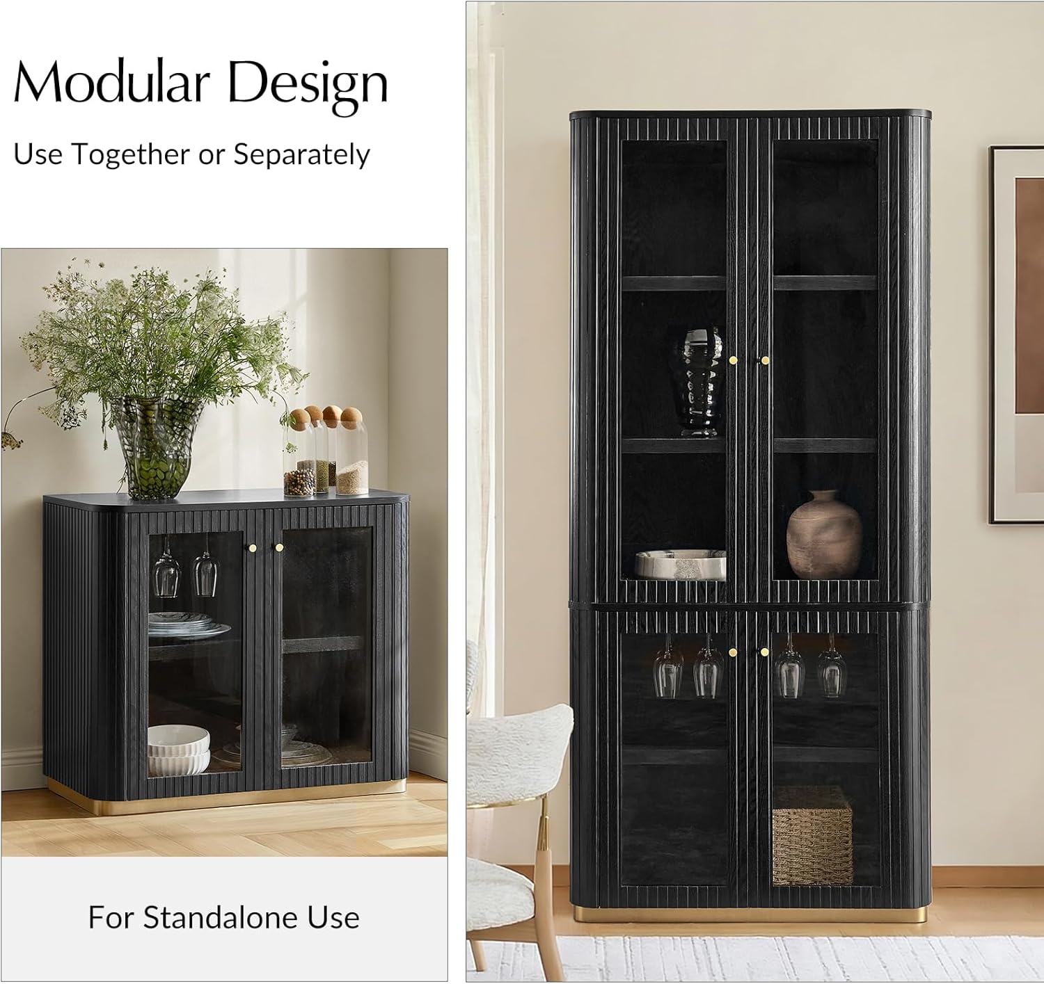 HULALA HOME Modular Display Storage Cabinet, 79.5" Tall Fluted Bookcase with Glass Doors, Modern Pantry Cabinet for Dining Room Home Office Living Room, Black