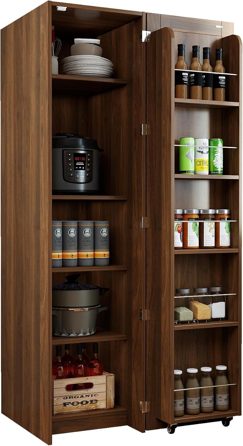 63 " Narrow Kitchen Pantry Storage Cabinet with Shelf & Side Racks (Walnut) | Slim Narrow Cabinet Single Door with Adjustable Shelves, Wheels & Side Racks, Easy Assembly for Kitchen Small Space