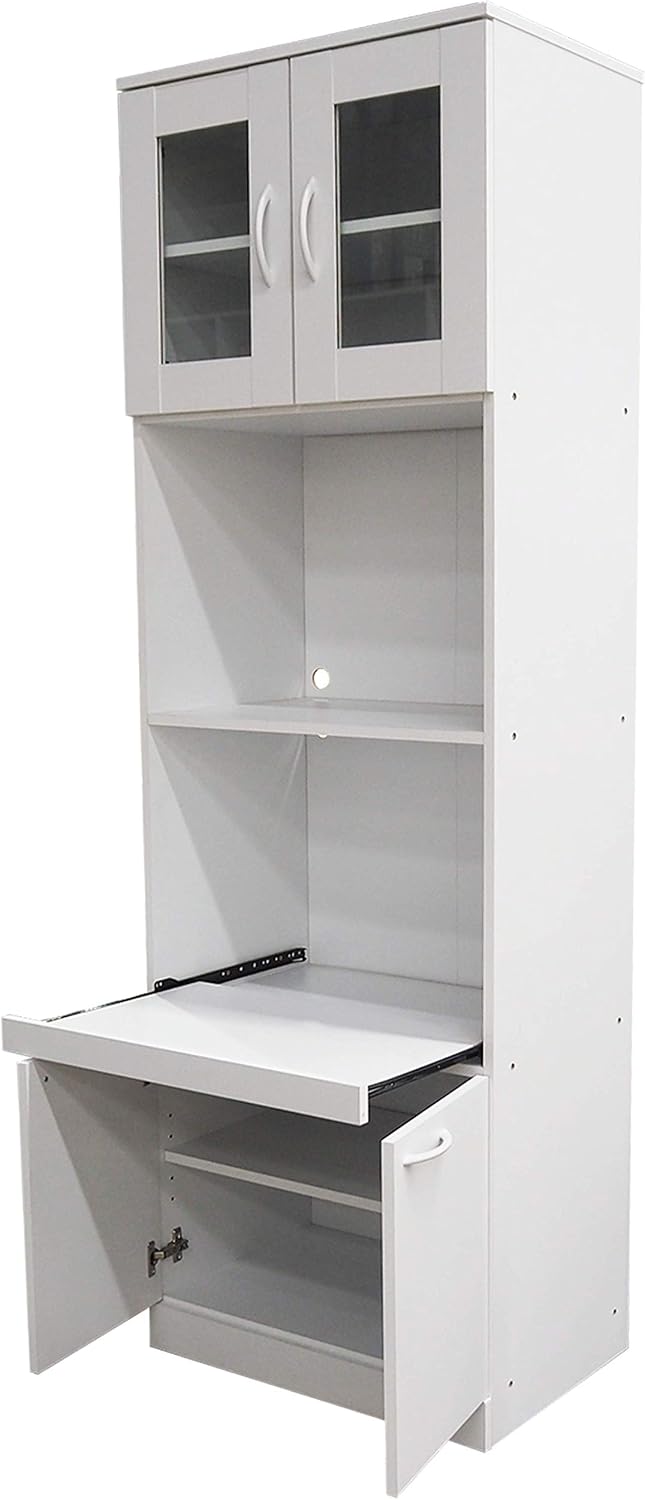 KB Designs - 71" Wood/Glass Kitchen Storage Pantry, Microwave Cabinet, White