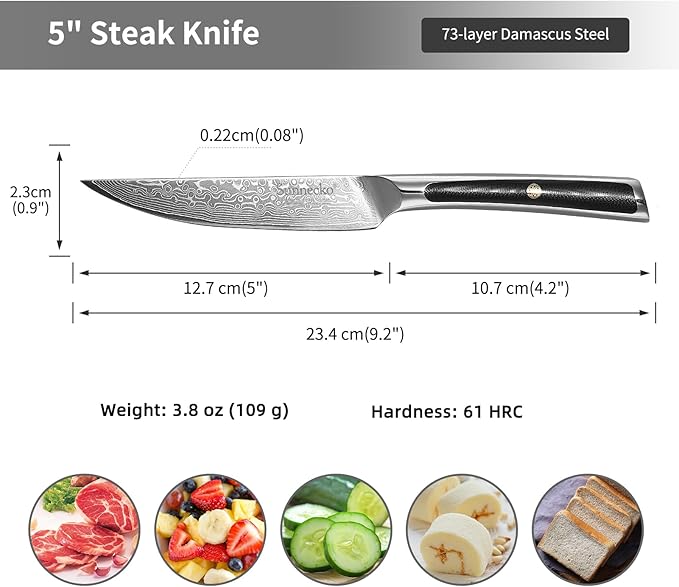 Sunnecko Kitchen Steak Knife 5 Inch Damascus Steak Knife VG-10 Japanese Steel, Non Serrated Steak Knives Full Tang