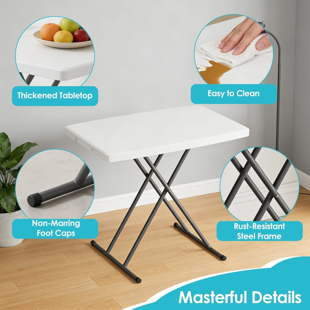 30-Inch Adjustable-Height Folding Table, White HDPE Utility Table for Small Spaces, No Assembly Required – Ideal for Laptop Use, On the Couch, Camping, the Office, and Home Use