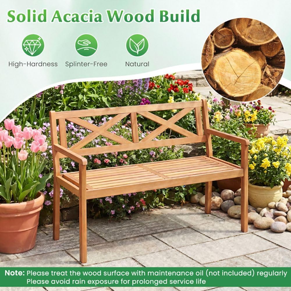 2-Person Acacia Wood Patio Chair Armrests Backrest 44in Seat Width 800lb Capacity for Backyard