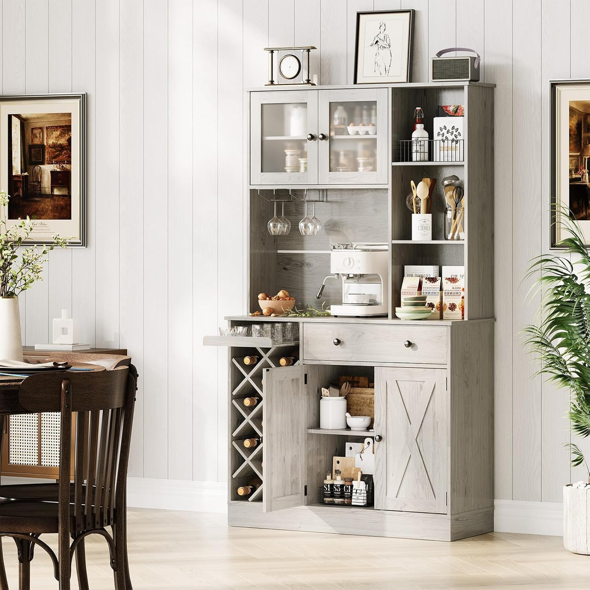 MDF Tall Wine Cabinet with Acrylic Double Doors, 45 Inch Bar Cabinet for Liquor Glasses Storage, Free Standing Home Bar with Display Shelf for Living Room Dining Room Kitchen