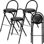CroBlissful 4 Pcs 24 Inch Folding Bar Stool with Backrest, Leather Padded Folding Stools for Adults up to 350lbs, Collapsible Round Counter Height Stool Chair for Camping Kitchen Shop Cafe (Black)
