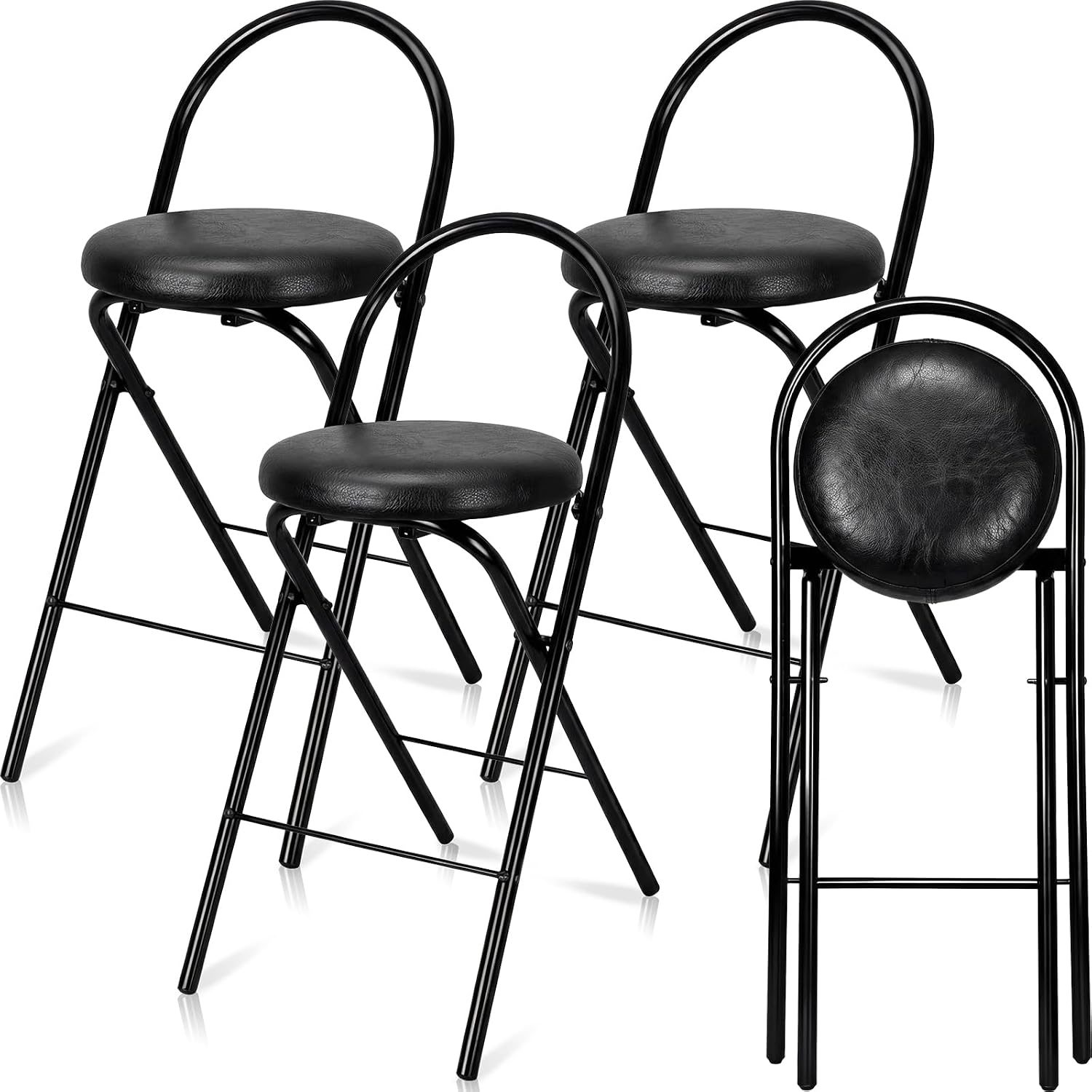 CroBlissful 4 Pcs 24 Inch Folding Bar Stool with Backrest, Leather Padded Folding Stools for Adults up to 350lbs, Collapsible Round Counter Height Stool Chair for Camping Kitchen Shop Cafe (Black)