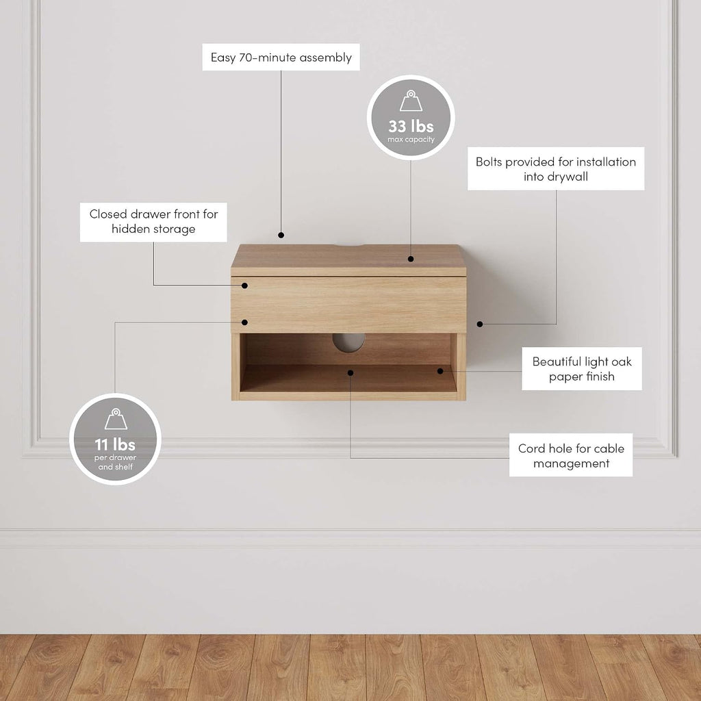 Nathan James Jackson Wall Mounted Floating Bedroom Nightstand with Storage Drawer and Modern Open Shelf Cubby, Light Oak Wood