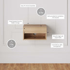 Nathan James Jackson Wall Mounted Floating Bedroom Nightstand with Storage Drawer and Modern Open Shelf Cubby, Light Oak Wood