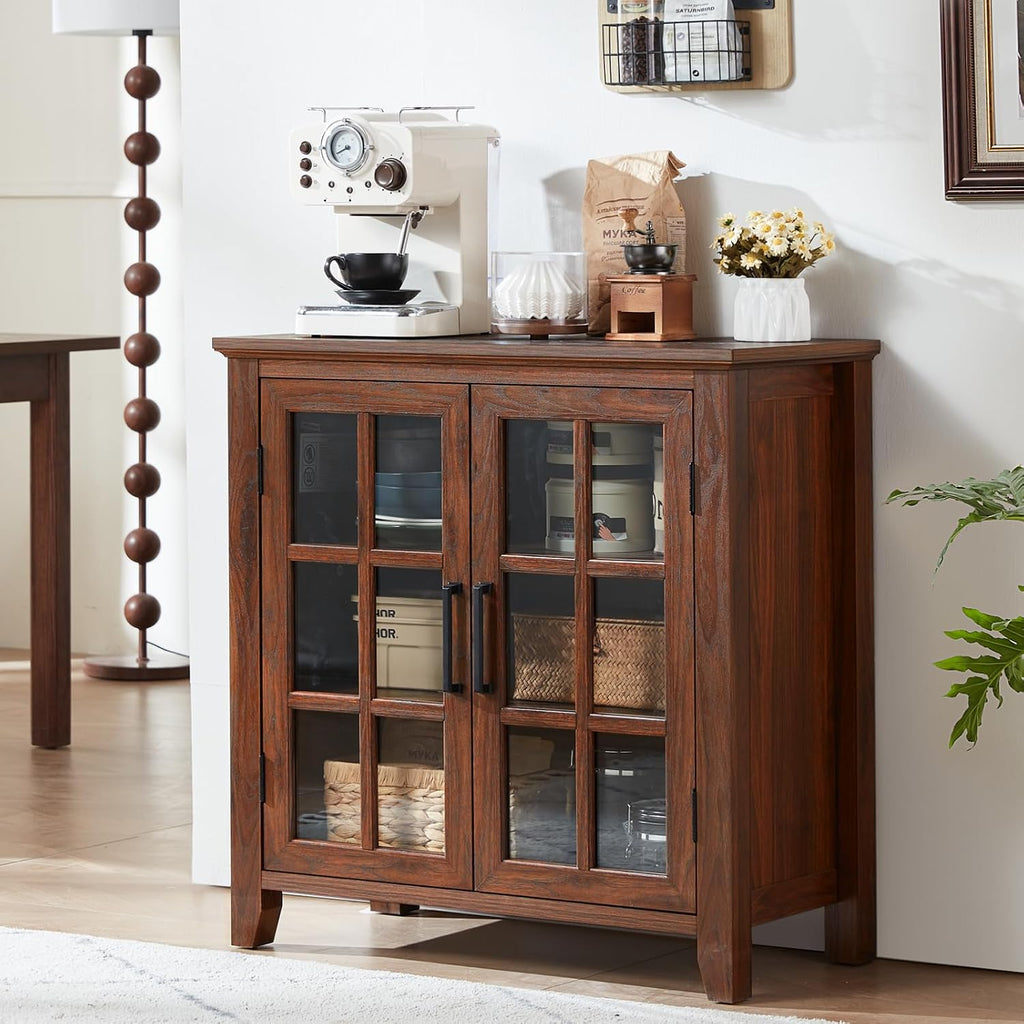 Joaxswe Large Sideboard Buffet Cabinet with Storage, 32" Farmhouse Brown Kitchen Coffee Wine Bar Cabinet with 2 Glass Doors, Wood Mid Century Modern Side Board Table for Dining Room, Living Room