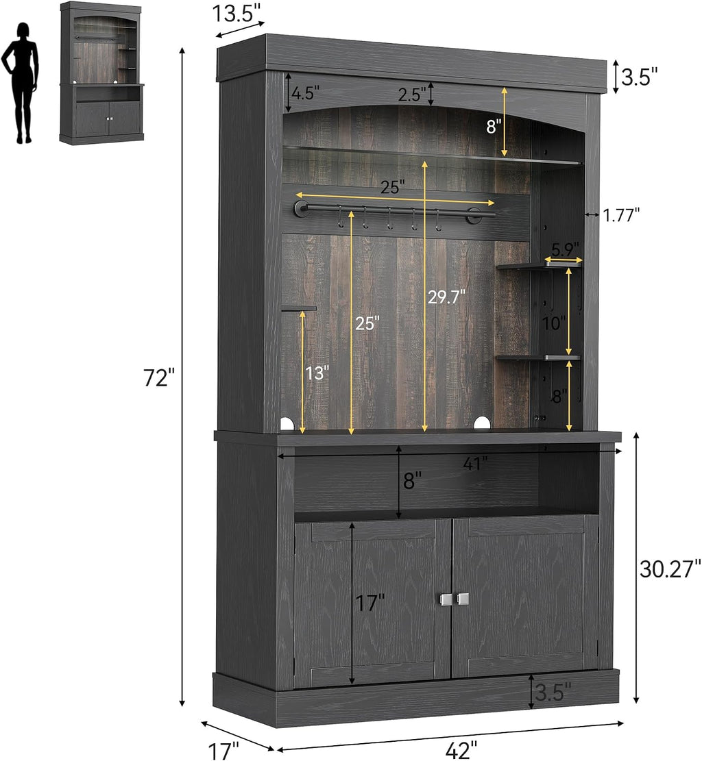 Takywep Tall Coffee Hutch with LED Lights Tall CoffeeBar Cabinet Farmhouse Buffet Cabinet with Storage Kitchen Sideboard with Microwave Stand/Wine Rack/Glass Shelf