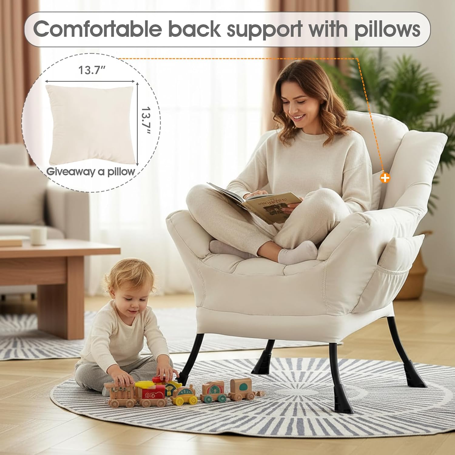 Lazy Chair for Living Room, Large Beige Accent Chair with a Throw Pillow, Leisure Sofa Chair Set, Comfy Reading Chair for Bedroom, Dorm Room, Office