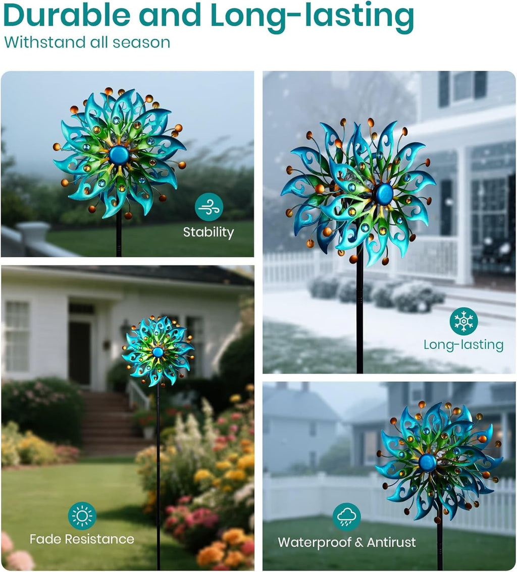 Solar Wind Spinners Outdoor – H63xW13 Metal Kinetic Garden Spinner with Crackle Glass Ball & Built-in Solar Panel – Peacock-Style Yard Wind Sculpture with LED Light