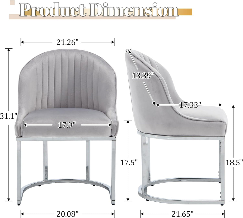 Velvet Dining Chairs Set of 4, Modern Upholstered Barrel Dining Chairs with Chrome U-Shaped Base, 18.5" Wide Accent Chairs Dressing Chair Lounge Chair, Grey
