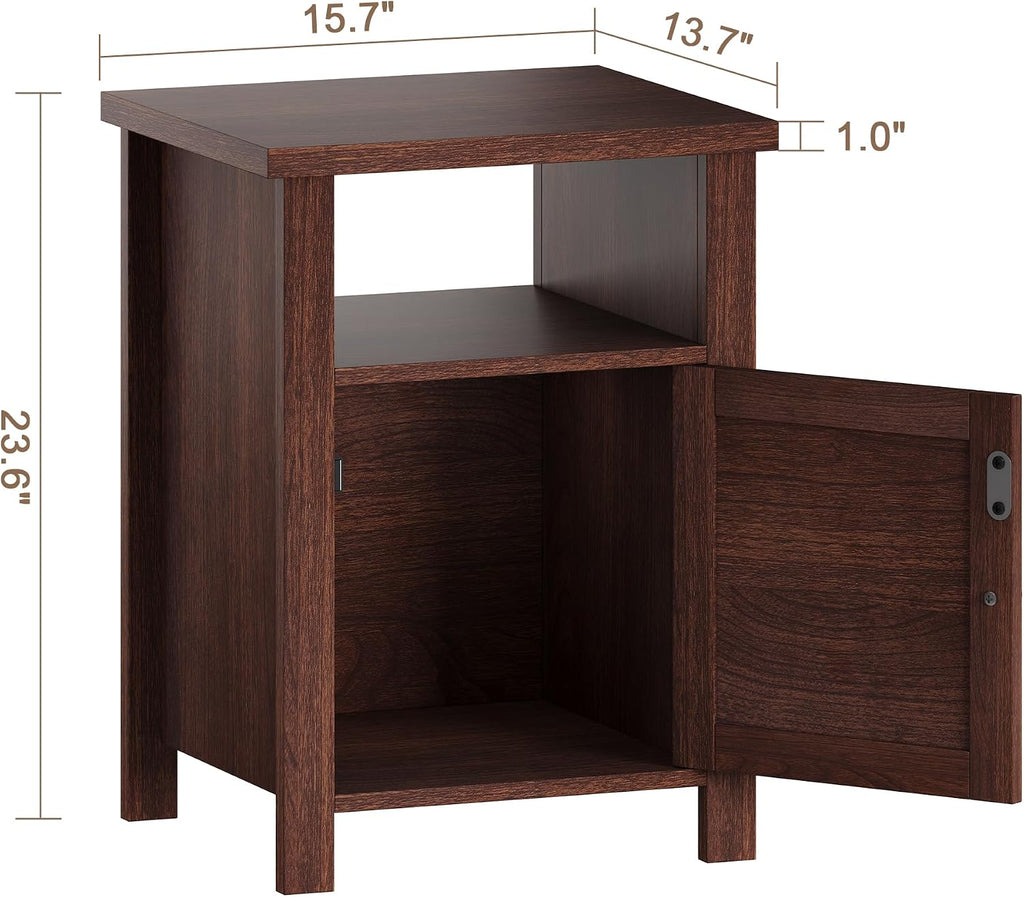 ChooChoo Farmhouse Nightstands Set of 2, Rustic Vintage End Side Table with Storage and Open Shelf, Small Bedside Tables for Bedroom, Walnut