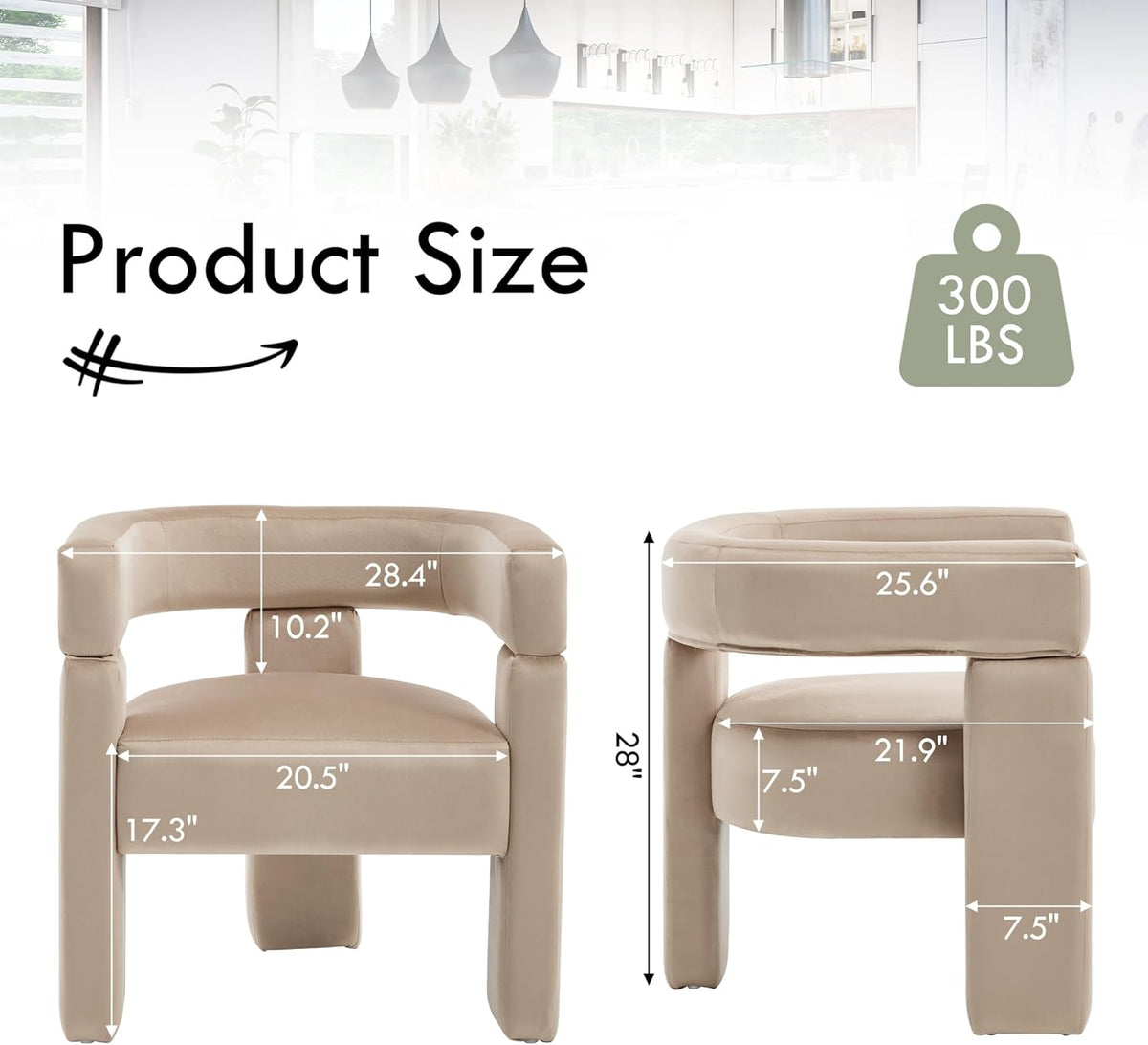 Modern Accent Barrel Chairs Set of 4, Velvet Upholstered Armchairs with 3 Legs, Comfy Leisure Reading Chair for Dining/Living Room/Bedroom/Office/Apartment, Khaki