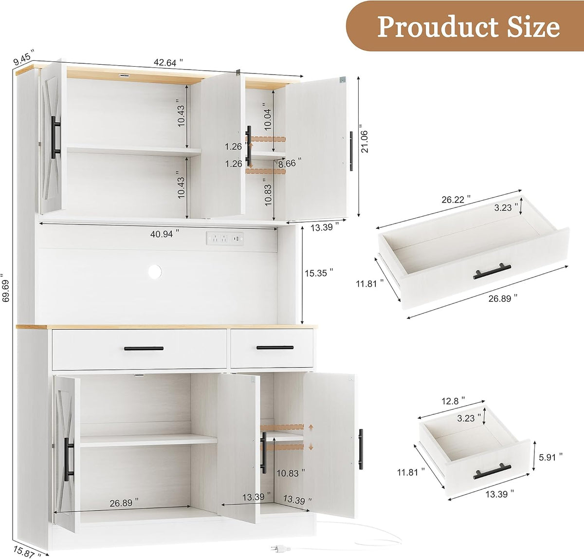Shintenchi Pantry Cabinet with Charging Station, 70” Tall Kitchen Storage Cabinet with Microwave Stand, Storage Drawers & Adjustable Shelves, Large Capacity Kitchen Hutch for Dining Room, White