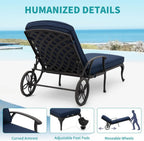 HOMEFUN Chaise Lounge Chair Outdoor - Poolside Chairs Set of 2 with Cushion Cast Aluminum Waterproof Lounger with Wheels and Adjustable Reclining, Pack of 2 (Navy Blue Cushion)