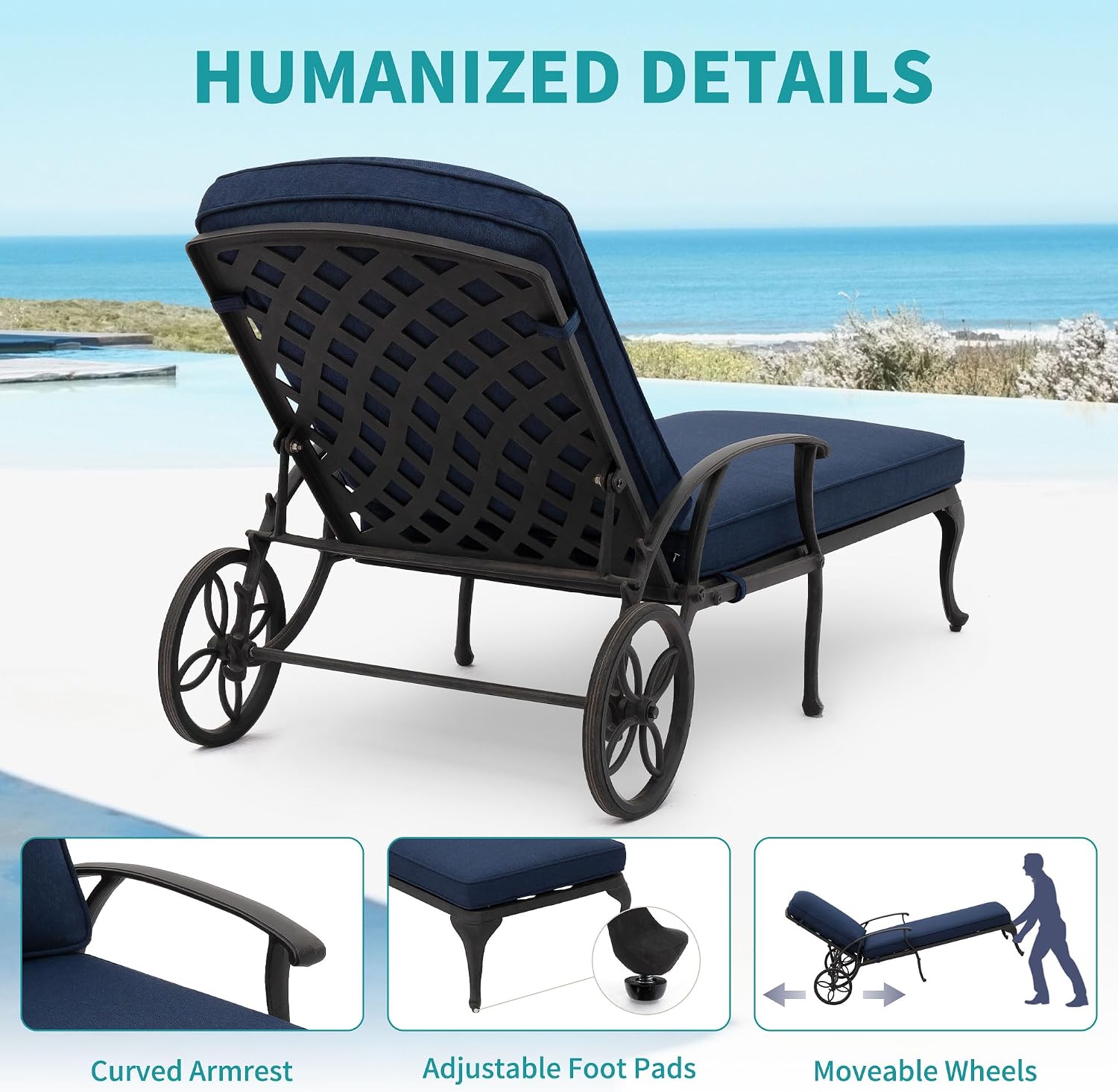 HOMEFUN Chaise Lounge Chair Outdoor - Poolside Chairs Set of 2 with Cushion Cast Aluminum Waterproof Lounger with Wheels and Adjustable Reclining, Pack of 2 (Navy Blue Cushion)
