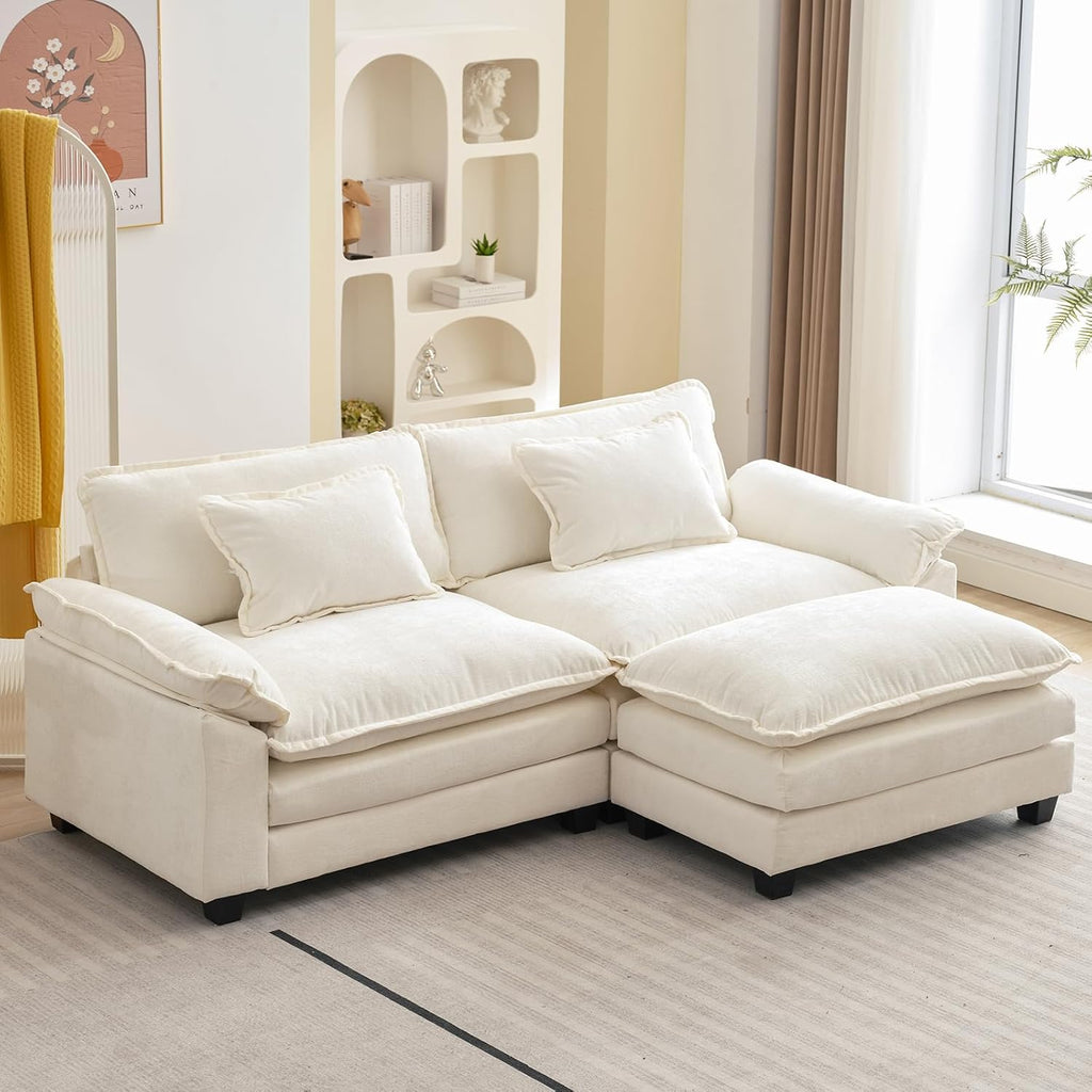 Oprisen 86" Modular Sectional Sofa, Comfy Deep Cloud Couch with Ottoman | L-Shaped Couches for Living Room, Modular Couch, Deep and Wide Seat, Chenille Sofa Sleeper with Throw Pillows, Beige White