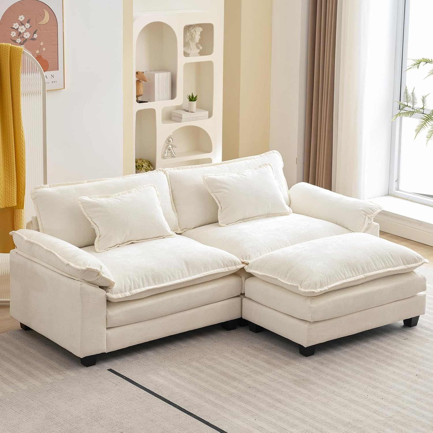 Oprisen 86" Modular Sectional Sofa, Comfy Deep Cloud Couch with Ottoman | L-Shaped Couches for Living Room, Modular Couch, Deep and Wide Seat, Chenille Sofa Sleeper with Throw Pillows, Beige White