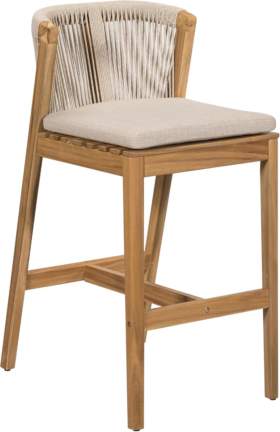 Christopher Knight Home Cuz Patio Barstool Set of 2, Outdoor Counter Height Stool with Sturdy Acacia Wood Frame and Rope Backrest, Bar Stool with Seat Cushion for Backyard Garden, Beige + Teak