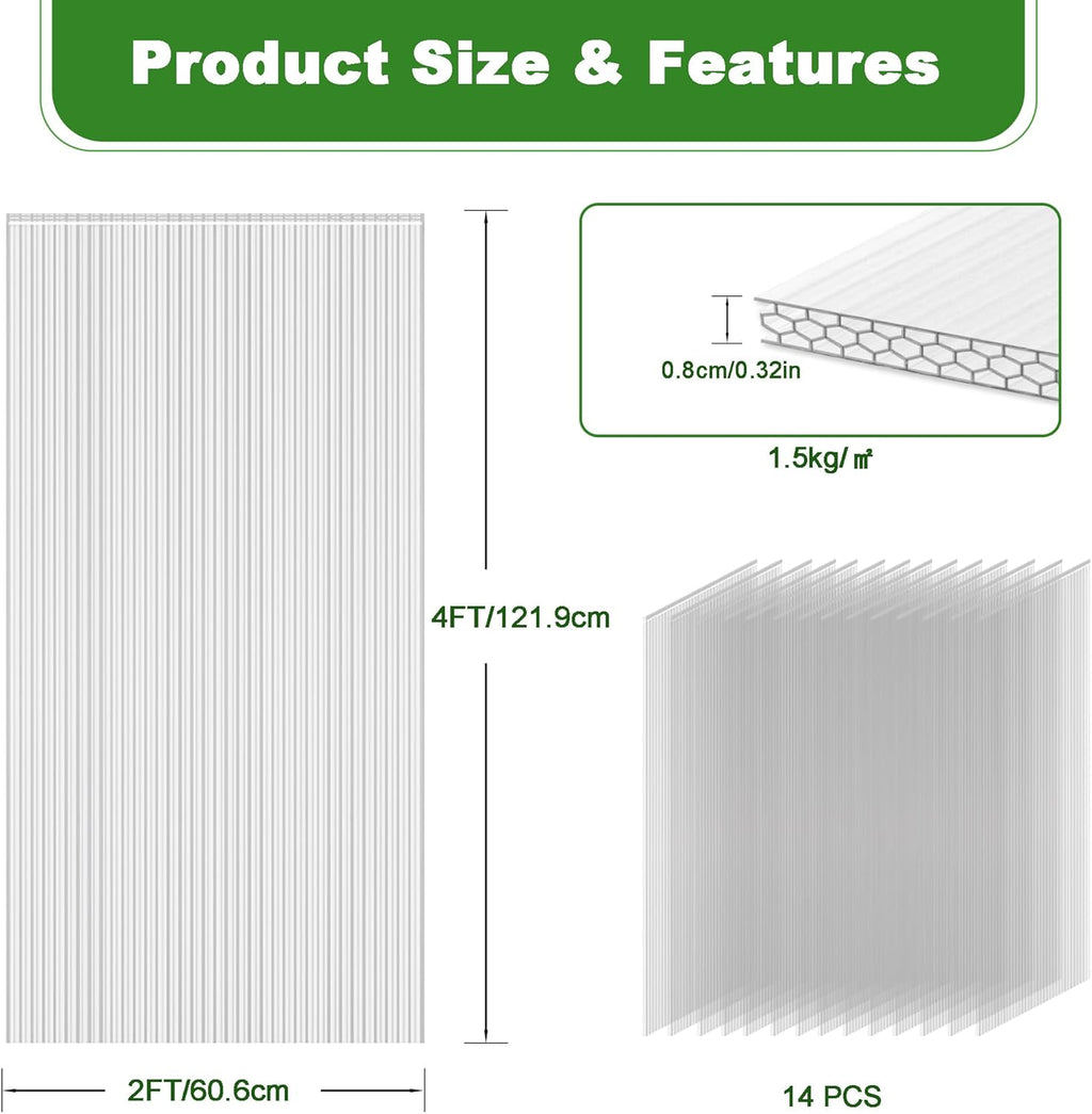 6PCS Polycarbonate Greenhouse Panels, 4' x 2' x 0.32'' Three-layer Honeycomb Panels Polycarbonate Sheet, Clear Waterproof UV Protected Corrugated Plastic Roof Panels for Greenhouse Replacement