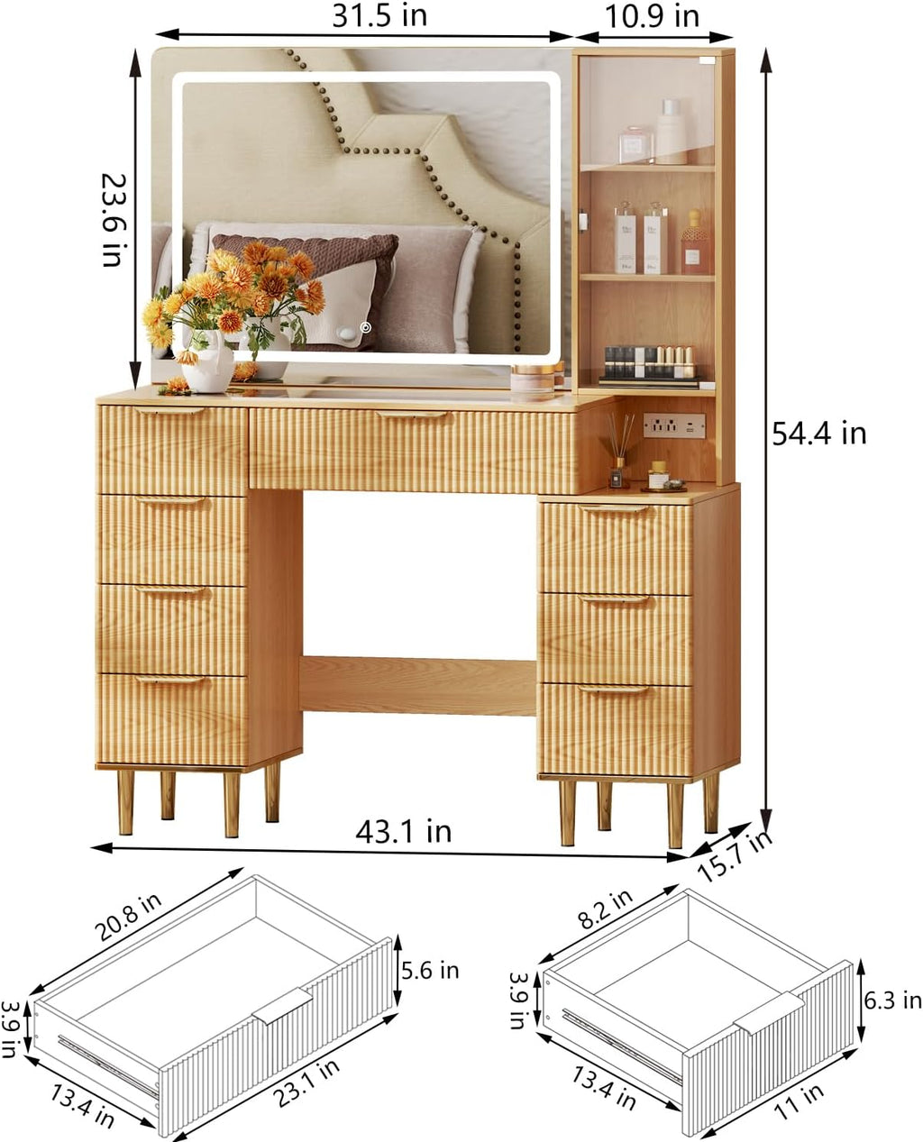 Chrangmay Modern Vanity Desk with 31.5" Mirror and Lights,Makeup Vanity Table with 8 Drawers,Makeup Desk with Power Outlet,Nightstand,Dressing Table for Bedroom,Women and Girls,Oak