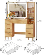 Chrangmay Modern Vanity Desk with 31.5" Mirror and Lights,Makeup Vanity Table with 8 Drawers,Makeup Desk with Power Outlet,Nightstand,Dressing Table for Bedroom,Women and Girls,Oak