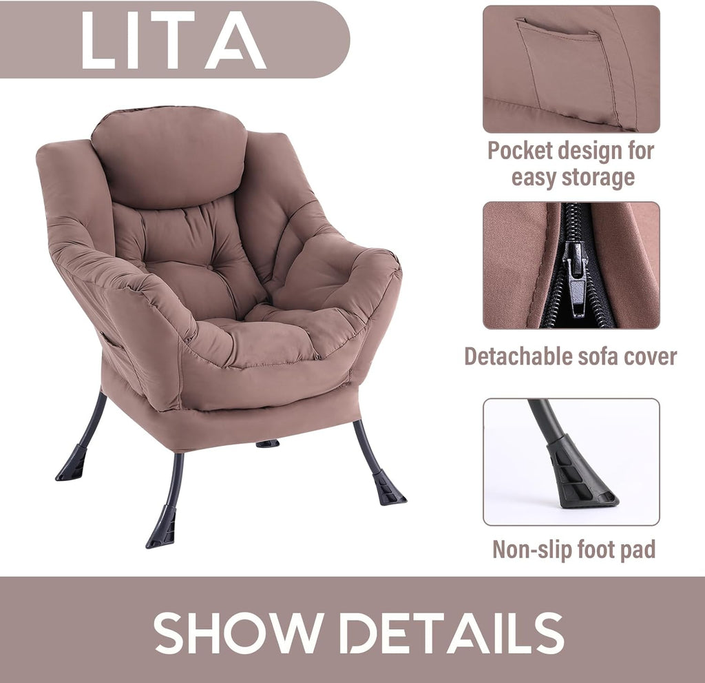 LITA Lazy Chair with Armrests and Side Pocket, Modern Upholstered Accent Reading Chair for Living Room, Bedroom, Dorm, Small Spaces, Single Dark Brown