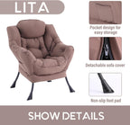 LITA Lazy Chair with Armrests and Side Pocket, Modern Upholstered Accent Reading Chair for Living Room, Bedroom, Dorm, Small Spaces, Single Dark Brown