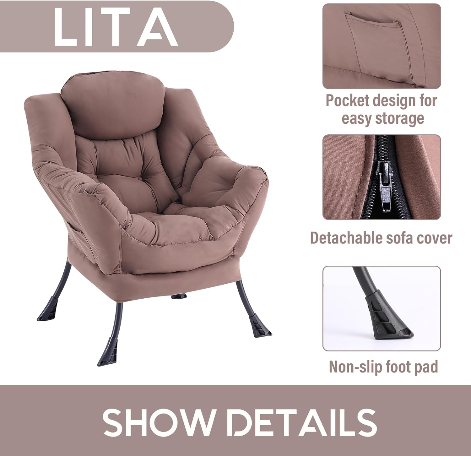 LITA Lazy Chair with Armrests and Side Pocket, Modern Upholstered Accent Reading Chair for Living Room, Bedroom, Dorm, Small Spaces, Single Dark Brown