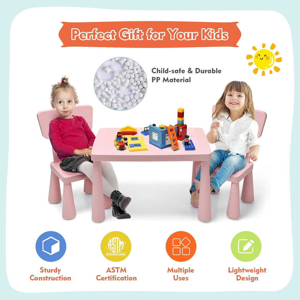 LDAILY Kids Table and Chairs, 3-Piece Children Activity Table for Drawing, Reading, Art Craft and Snack Time, Lightweight Plastic Toddler Table and Chair Set for Playroom, Daycare, Kindergarten (Pink)