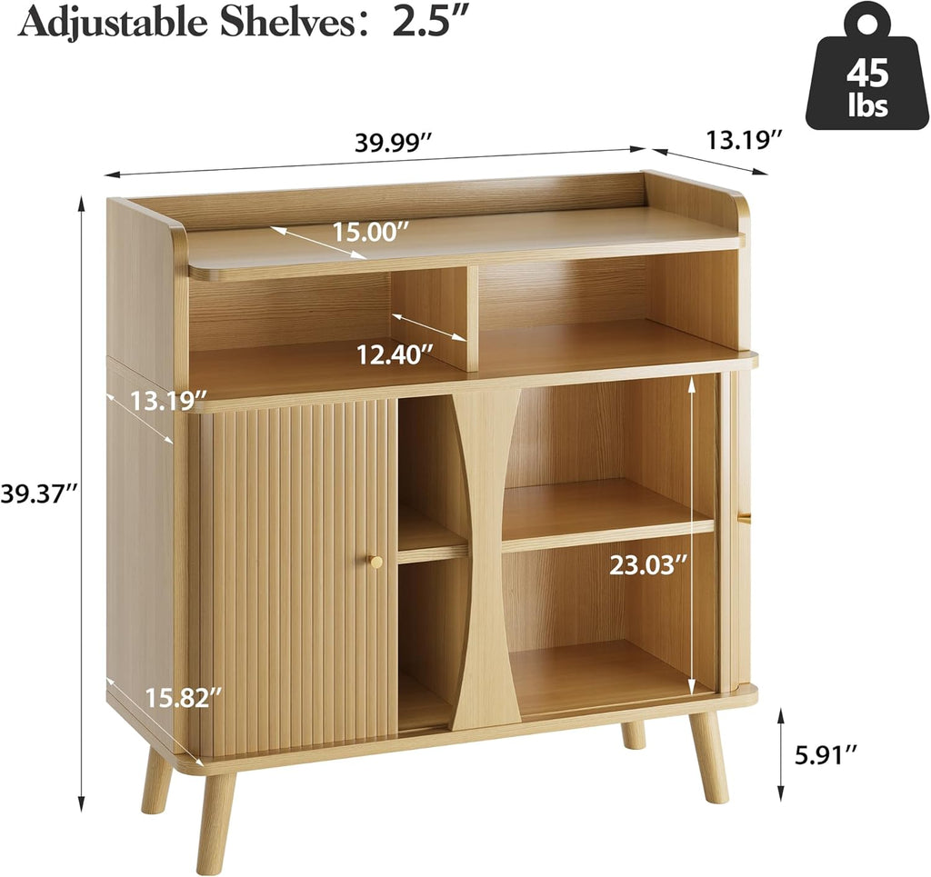 Decofy 39" Buffet Sideboard Cabinet, Mid Century Modern Console Cabinet with Roller Shutter Sliding Doors & Adjustable Shelves for Kitchen Cabinets, Living Room, Entryway, Coffee Bar Cabinet (Oak)
