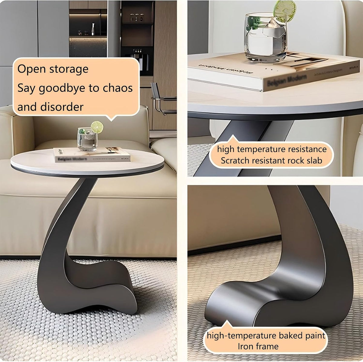 Modern Round Side Table,C Shaped End Table for Couch,Coffee Table with Sintered Stone Tabletop and Metal Frame for Living Room Balcony,Snow Mountain White