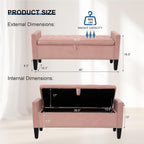 Storage Ottoman Bench, Velvet Upholstered Footstool for Bedroom and Living Room, Frosted Flannel Seat with Storage, Wooden Legs & Metal Rivets, Pink