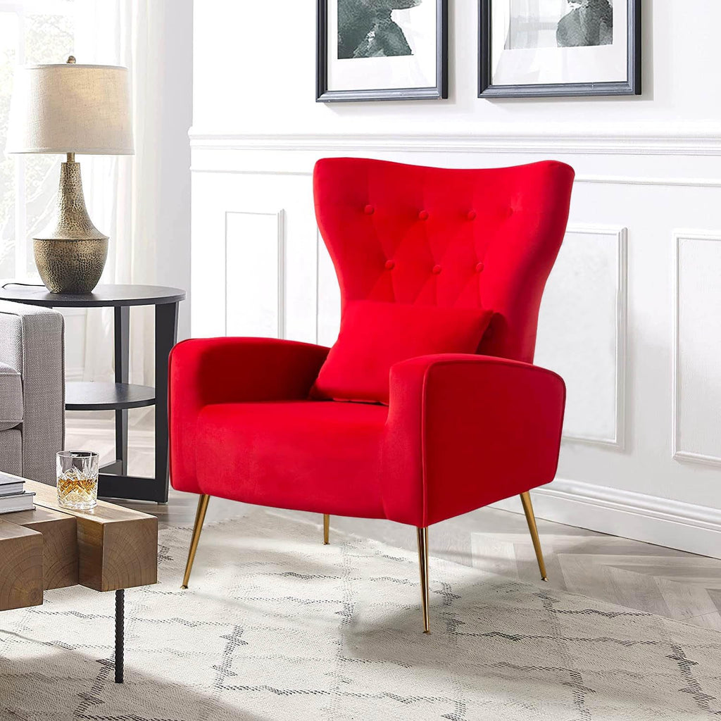 Velvet Accent Arm Chairs Set of 2, Mid-Century Modern Living Room Chair, Wingback Bedroom Side Chair with Gold Legs & Pillow, Button-Tufted, Red