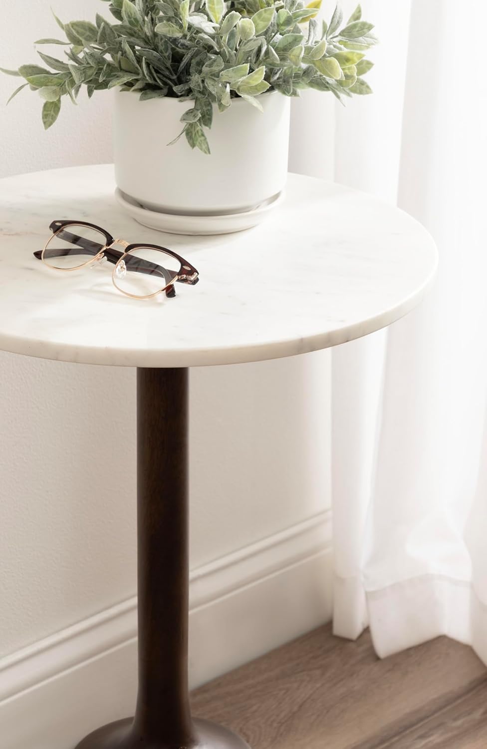 Kate and Laurel Squires Modern Marble Round Side Table, 16 x 16 x 24, White Marble and Dark Brown, Marble Top Circle End Table for Use as a Bedroom Nightstand or Living Room Plant Stand Option